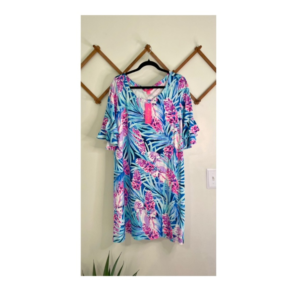 Lilly Pulitzer Lula Blue and Pink Tropical Ruffle Sleeve Dress, NWT